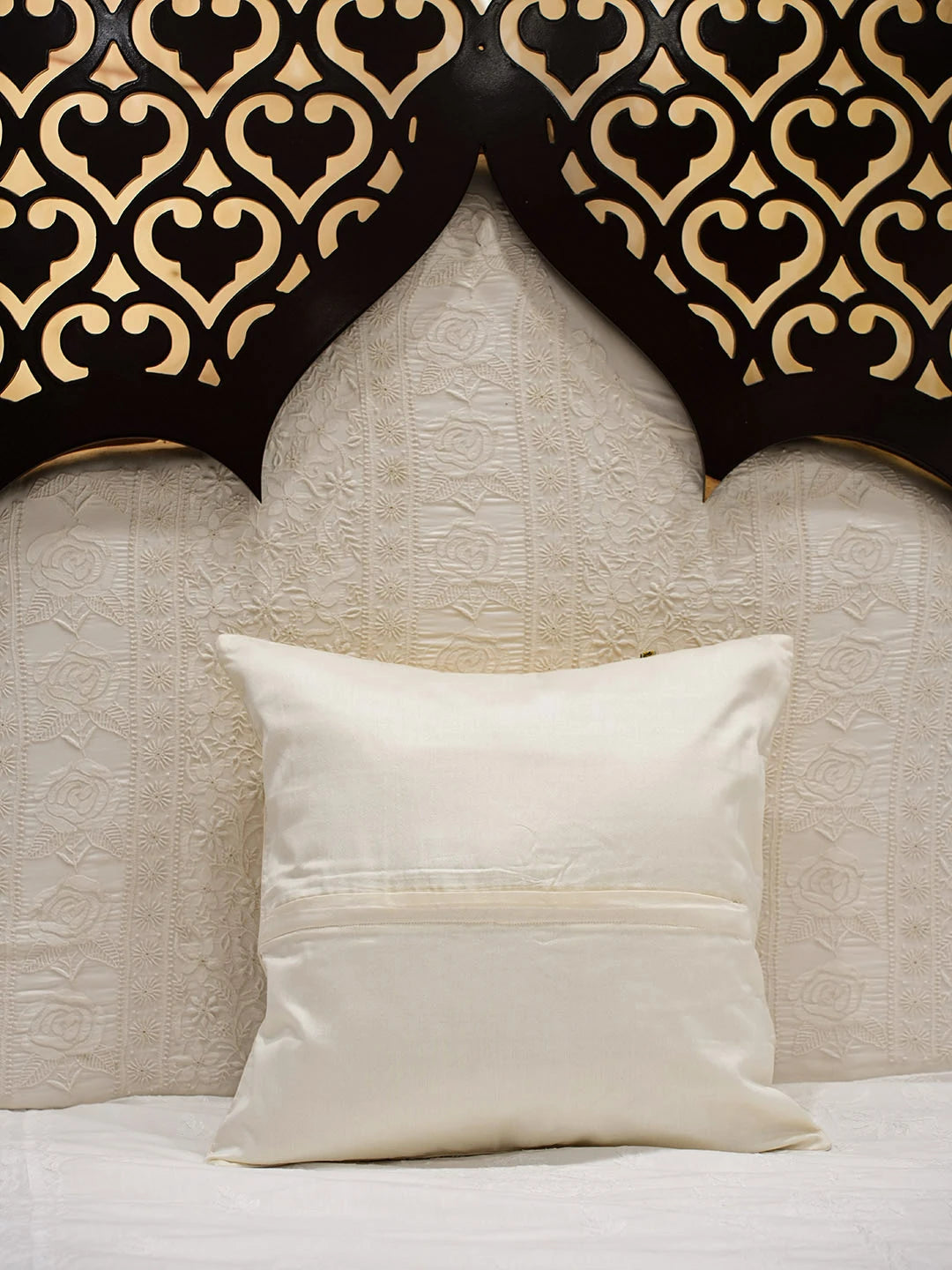 Ada Hand Embroidered White Cotton-Silk Lucknowi Chikankari Cushion Cover With Muqaish/Mukaish Work 01A766606