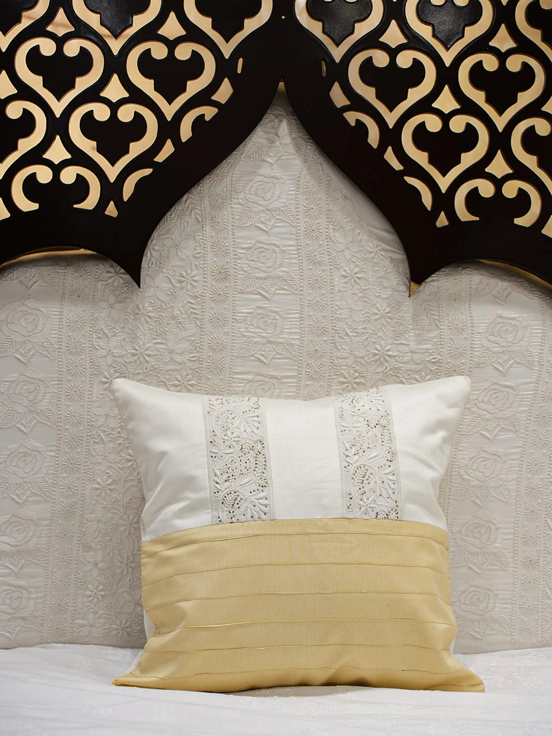 Ada Hand Embroidered White Cotton-Silk Lucknowi Chikankari Cushion Cover With Muqaish/Mukaish Work 01A766606
