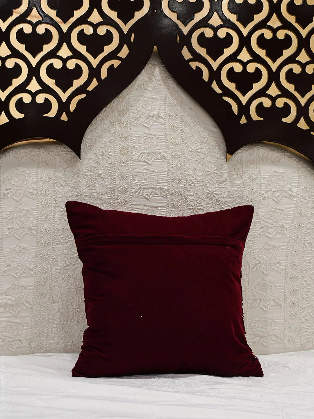 Ada Hand Embroidered Maroon Velvet Lucknowi Chikankari Cushion Cover 01A622875