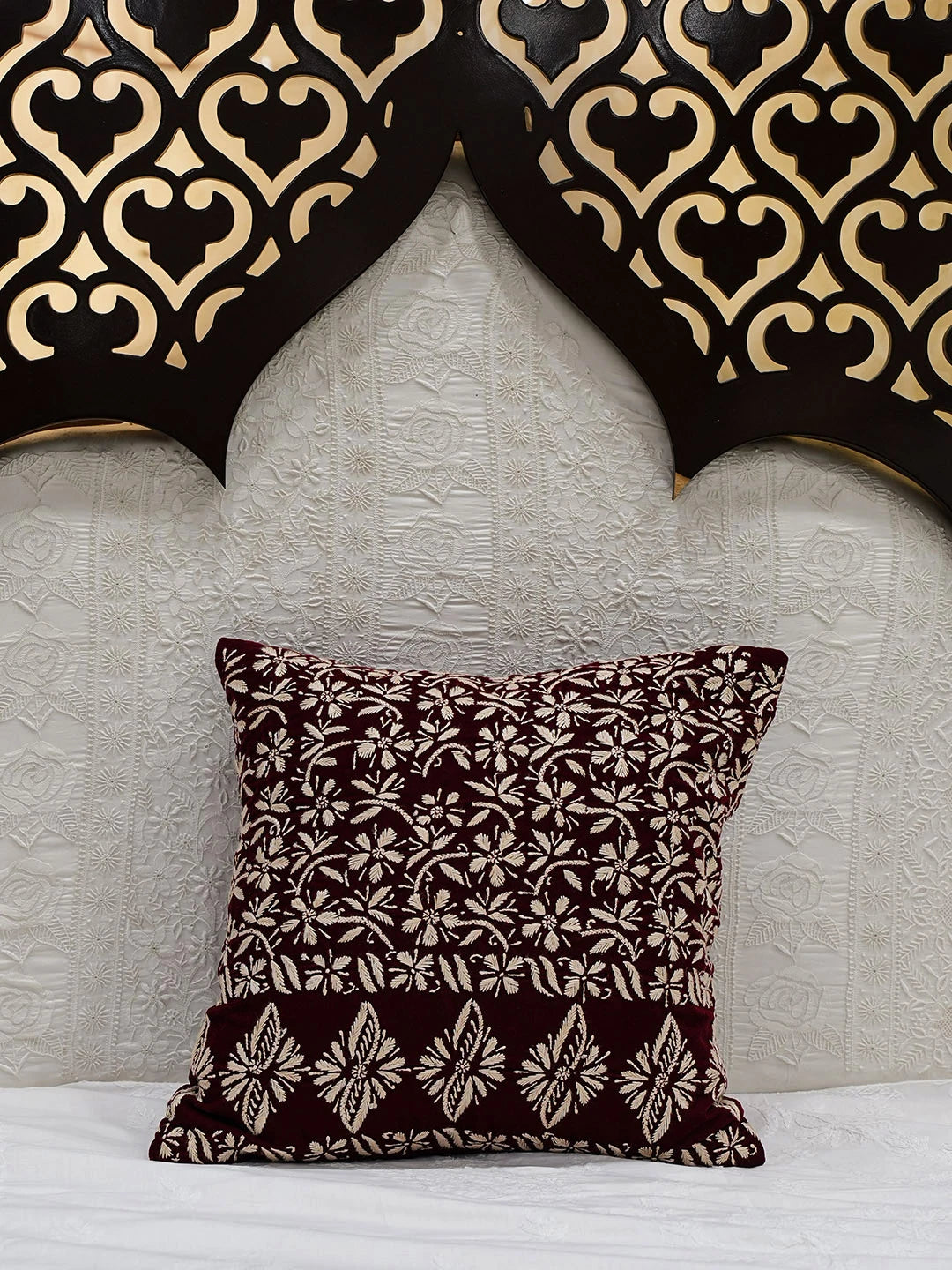 Ada Hand Embroidered Maroon Velvet Lucknowi Chikankari Cushion Cover 01A622875