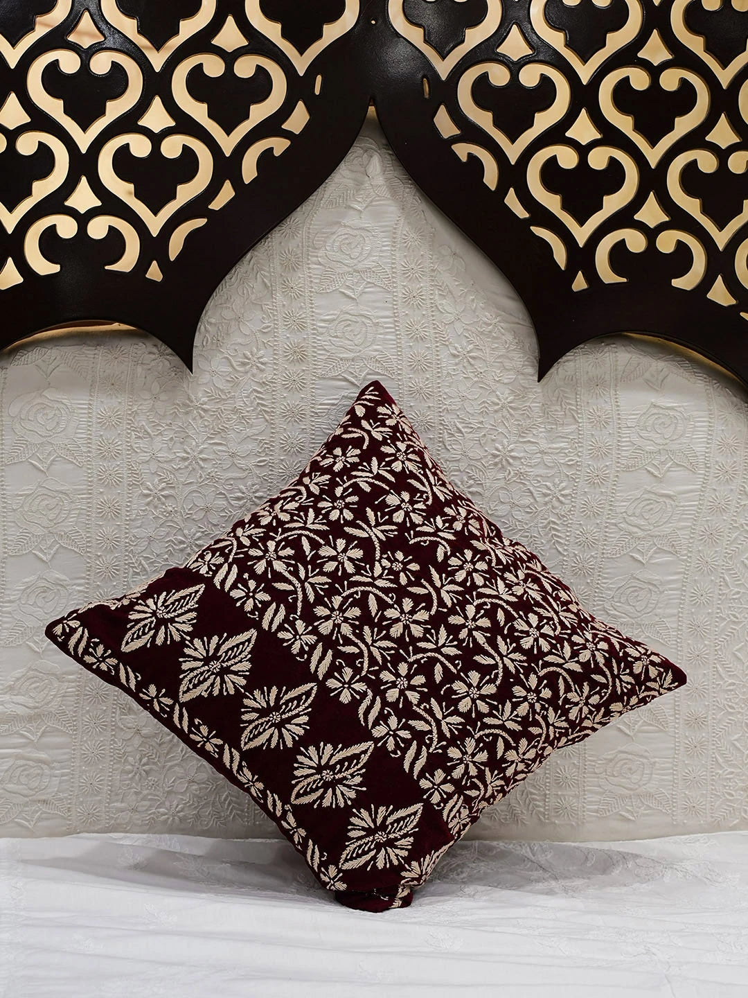Ada Hand Embroidered Maroon Velvet Lucknowi Chikankari Cushion Cover 01A622875