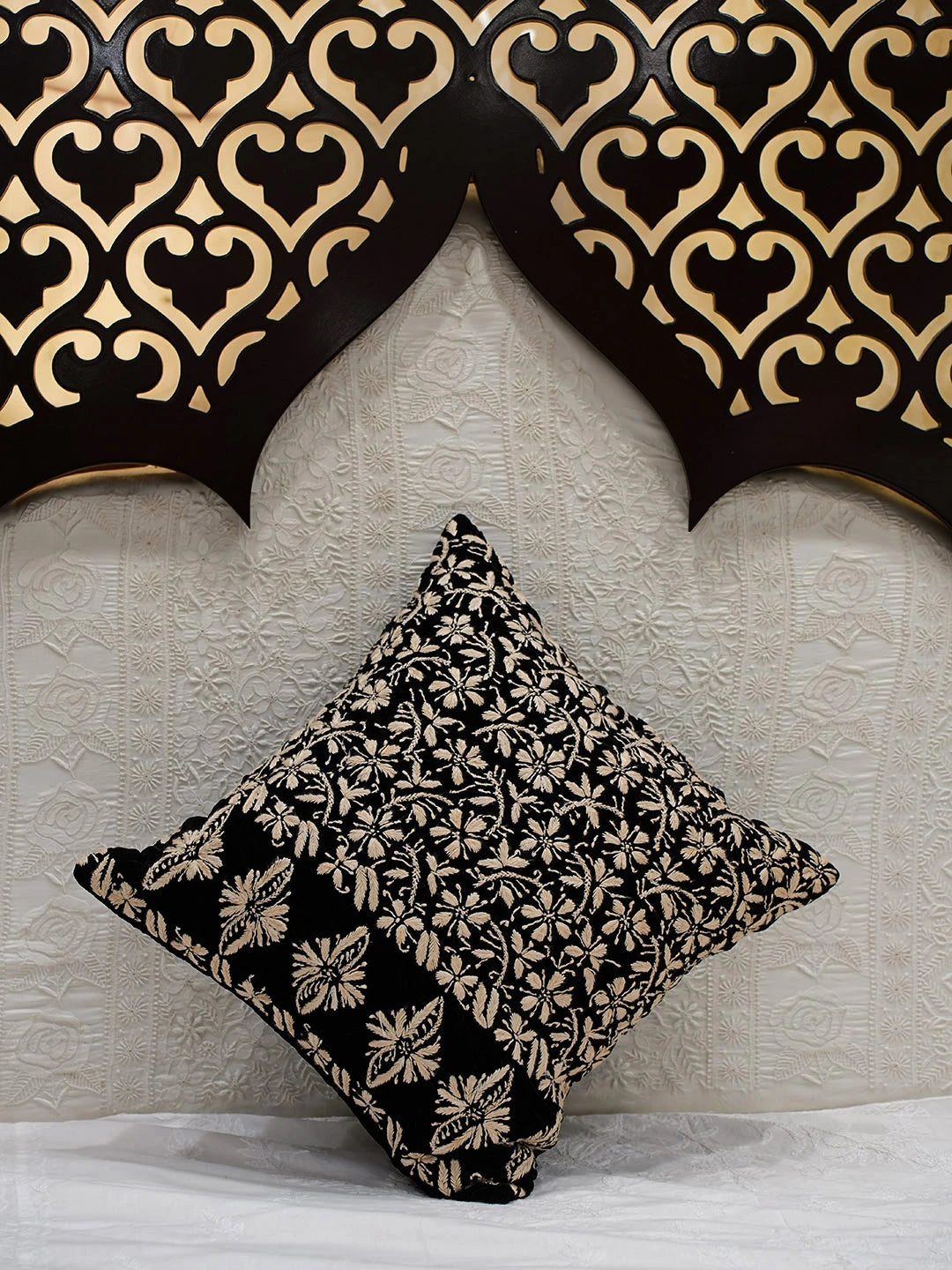 Ada Hand Embroidered Black Velvet Lucknowi Chikankari Cushion Cover 01A643228