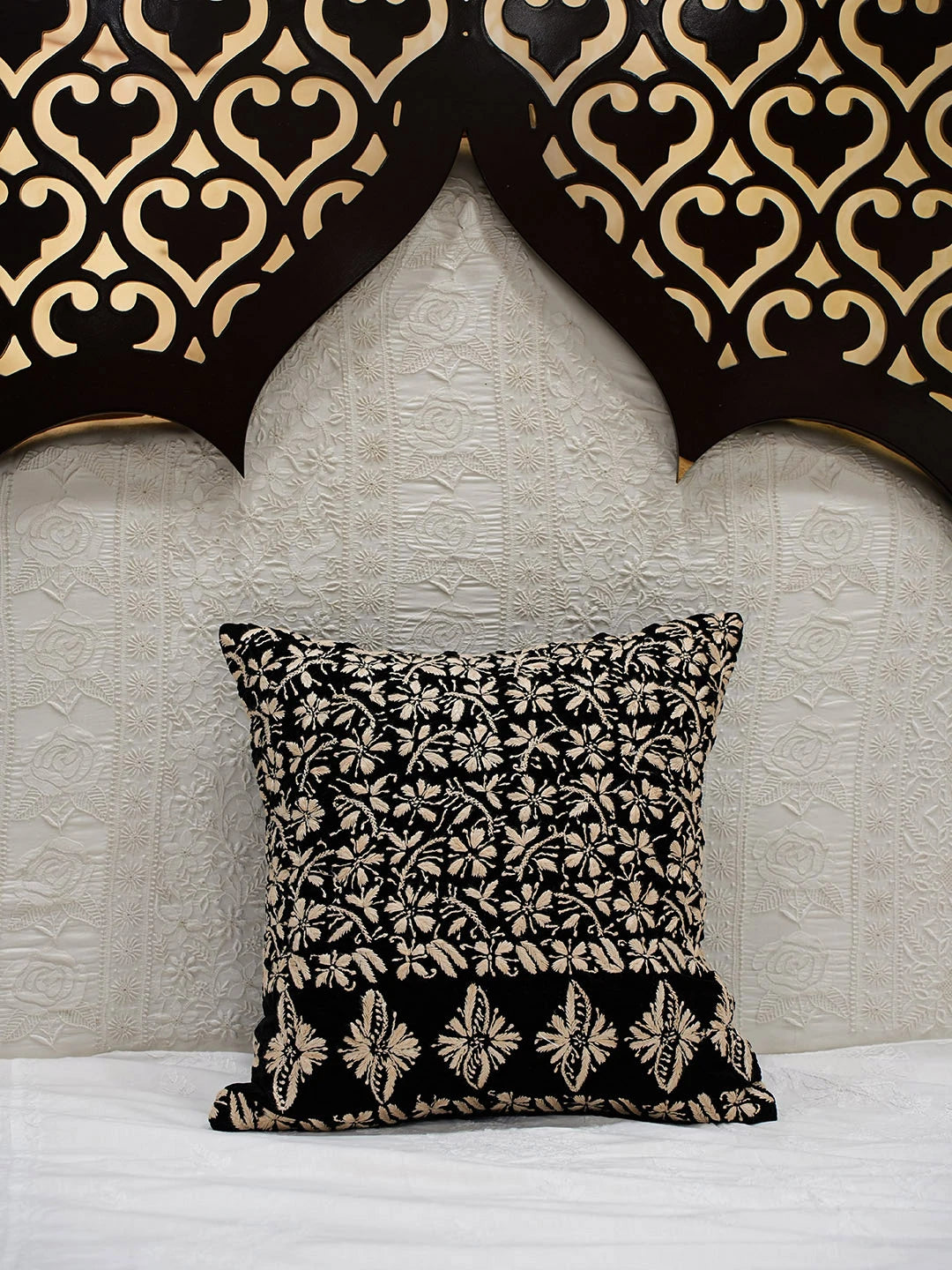 Ada Hand Embroidered Black Velvet Lucknowi Chikankari Cushion Cover 01A643228