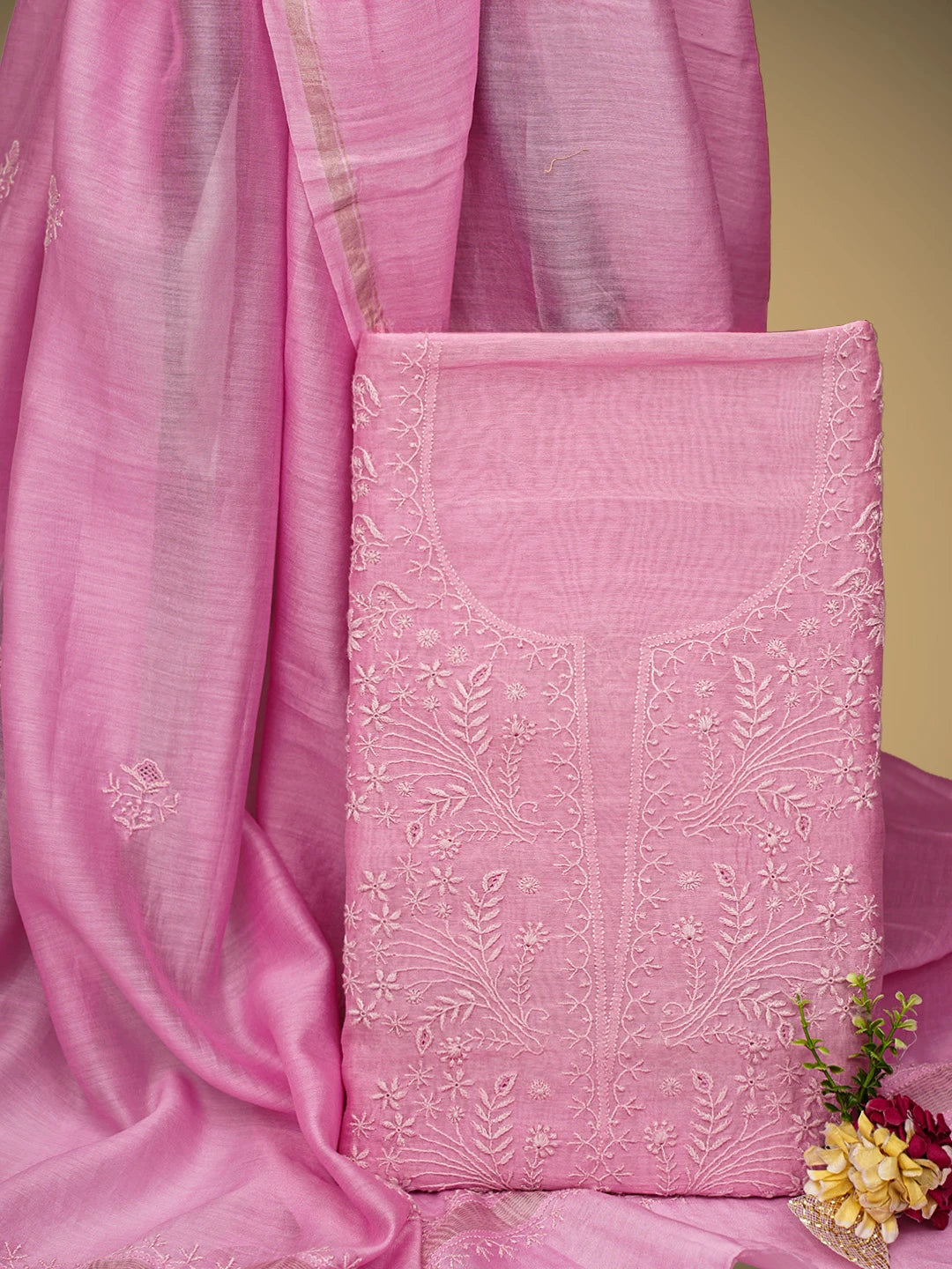Ada Hand Embroidered Pink Chanderi Lucknowi Chikankari Unstitched Kurta Dupatta Set 01A869382