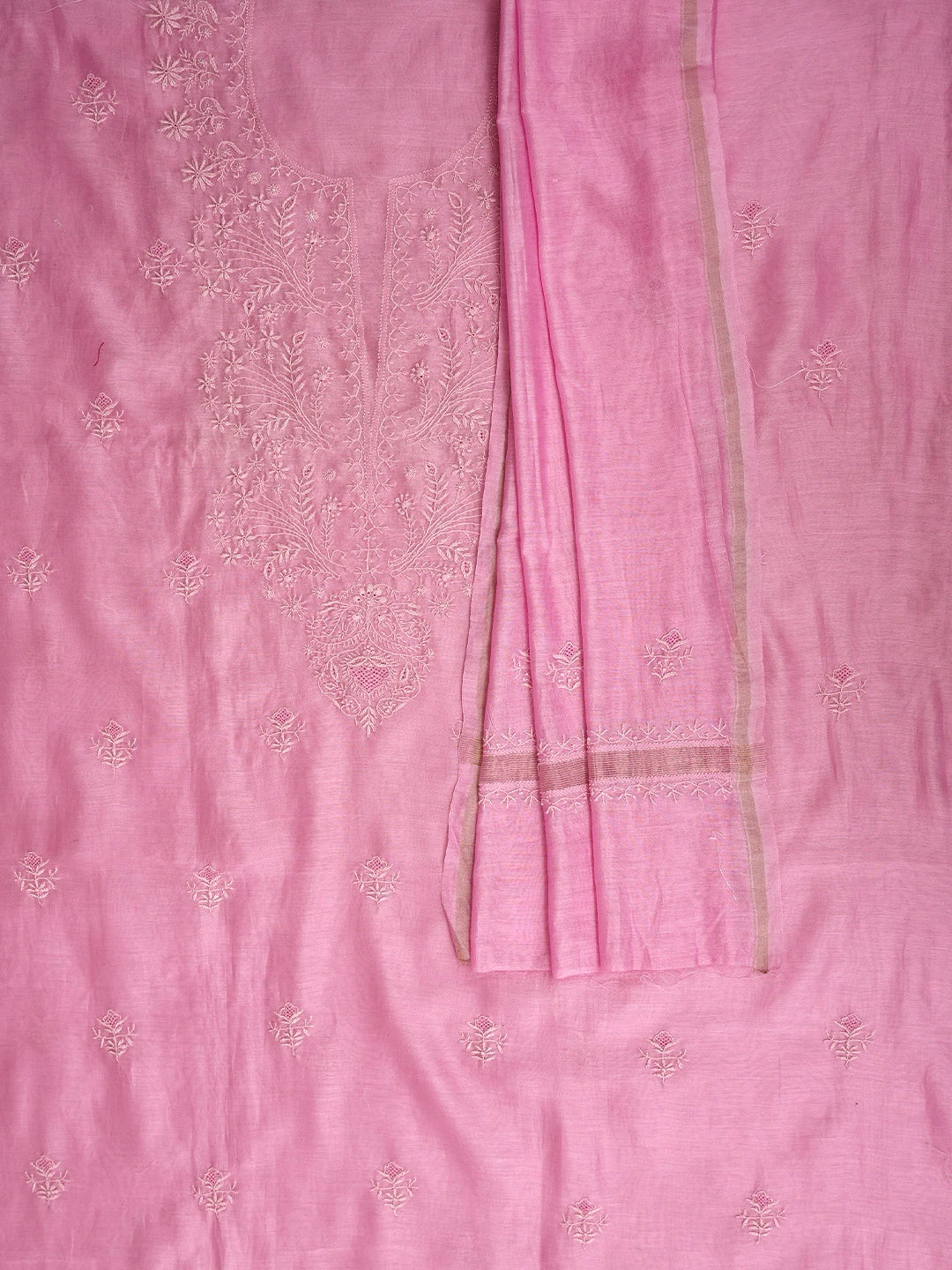 Ada Hand Embroidered Pink Chanderi Lucknowi Chikankari Unstitched Kurta Dupatta Set 01A869382