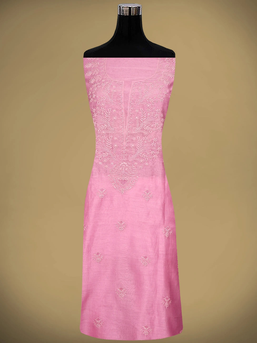 Ada Hand Embroidered Pink Chanderi Lucknowi Chikankari Unstitched Kurta Dupatta Set 01A869382