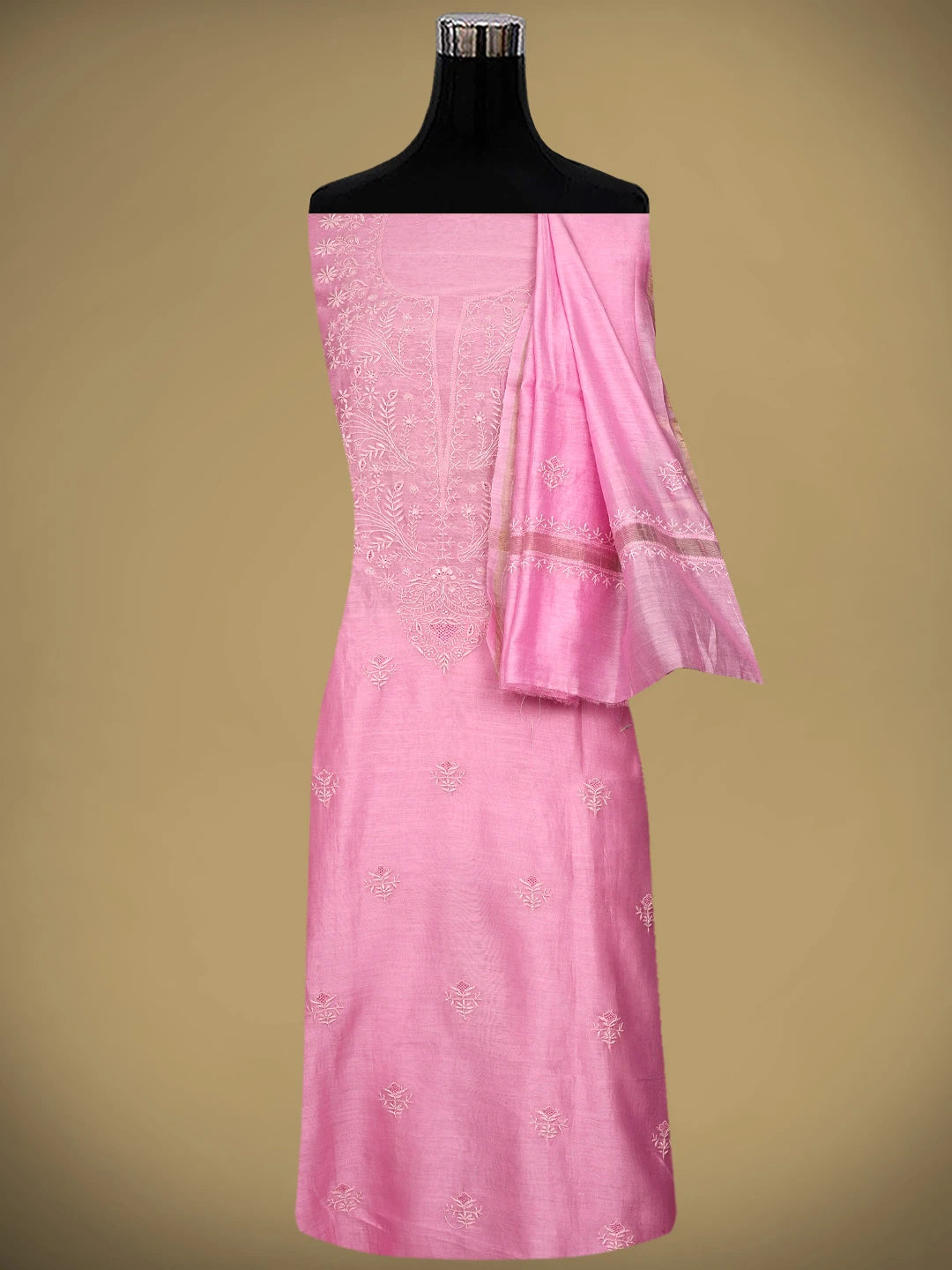 Ada Hand Embroidered Pink Chanderi Lucknowi Chikankari Unstitched Kurta Dupatta Set 01A869382