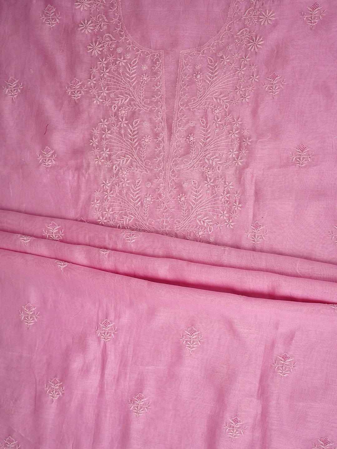 Ada Hand Embroidered Pink Chanderi Lucknowi Chikankari Unstitched Kurta Dupatta Set 01A869382