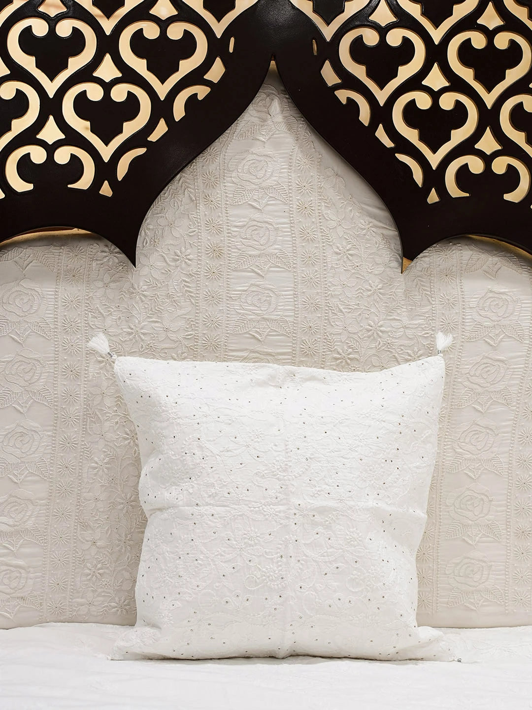 Ada Hand Embroidered White Cotton Lucknowi Chikankari Cushion Cover with Muqaish/Mukaish Work 01A586185