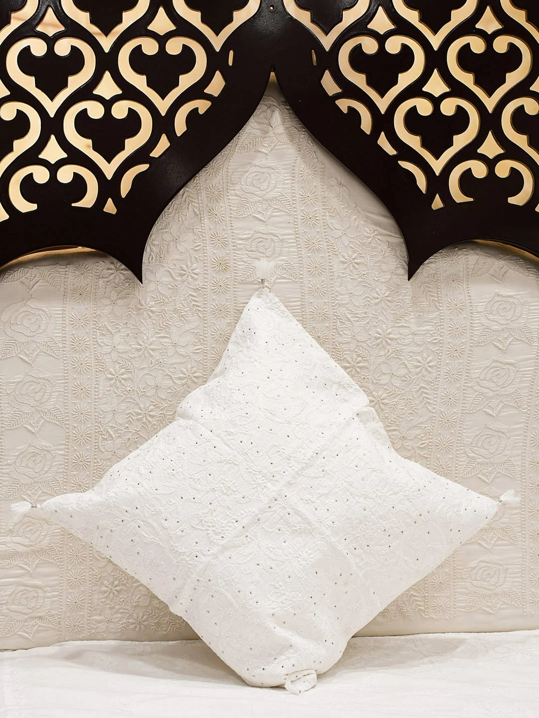 Ada Hand Embroidered White Cotton Lucknowi Chikankari Cushion Cover with Muqaish/Mukaish Work 01A586185