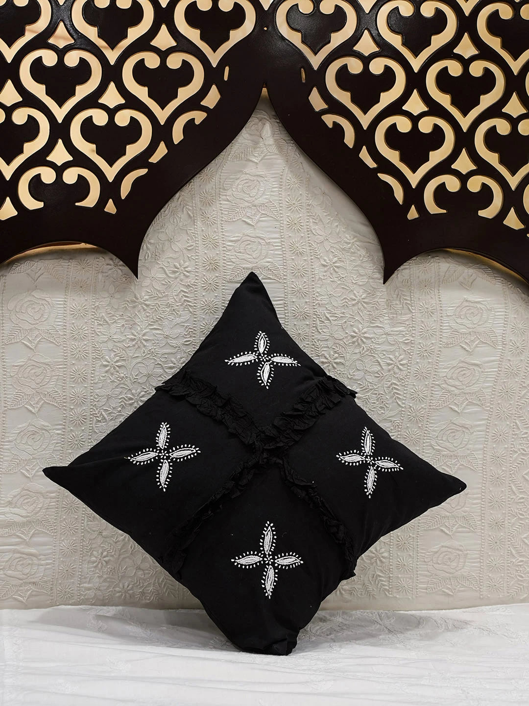 Ada Hand Embroidered Black Cotton Lucknowi Chikankari Cushion Cover 01A540418
