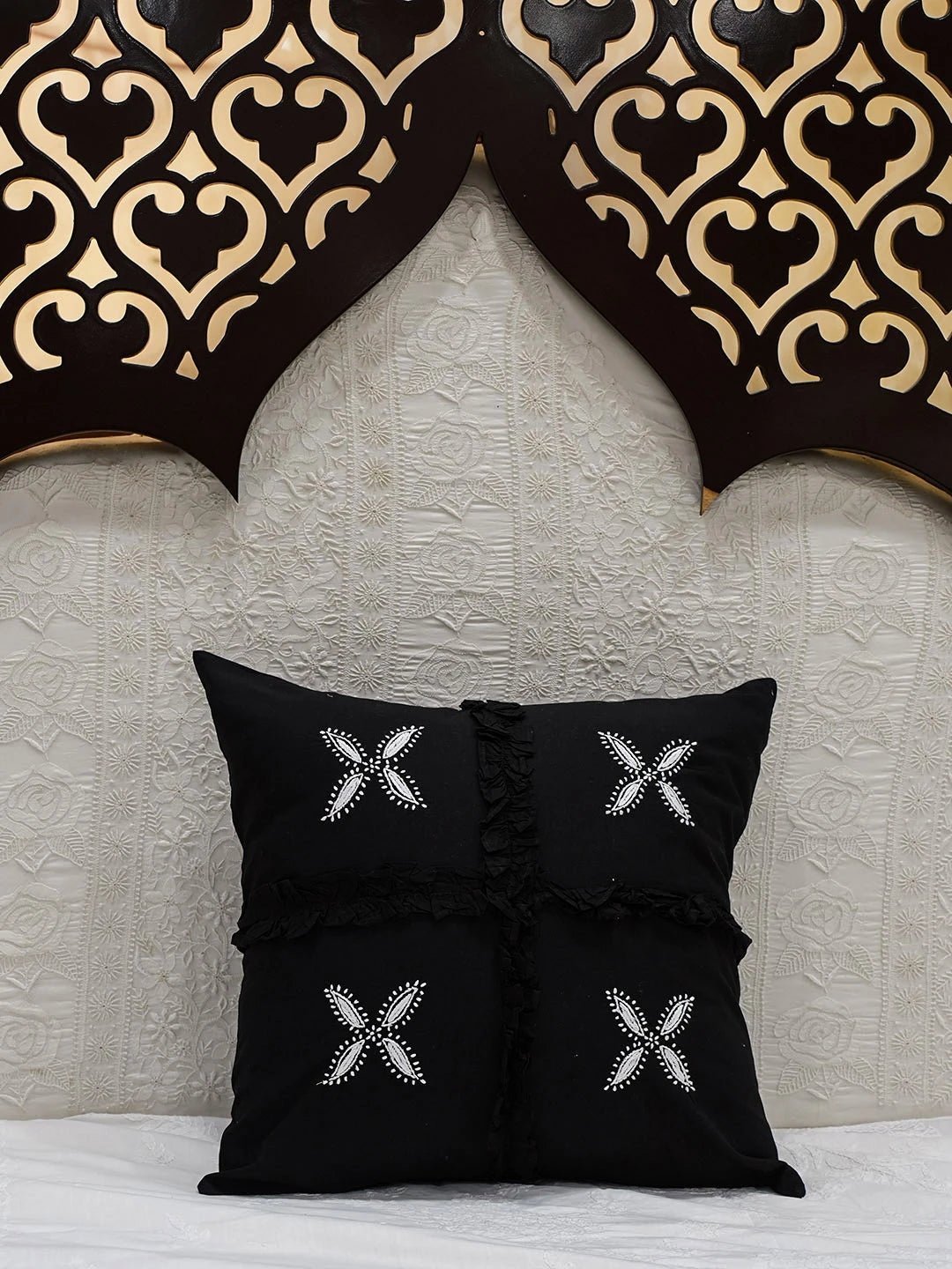 Ada Hand Embroidered Black Cotton Lucknowi Chikankari Cushion Cover 01A540418