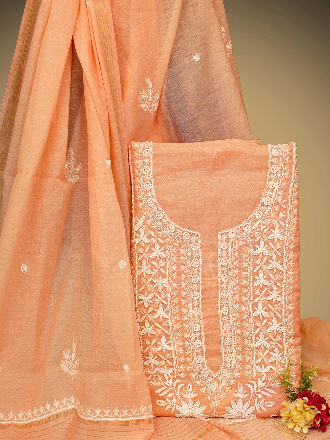 Ada Hand Embroidered Peach Chanderi Lucknowi Chikankari Unstitched Kurta Dupatta Set With Cutdana Work 01A959478
