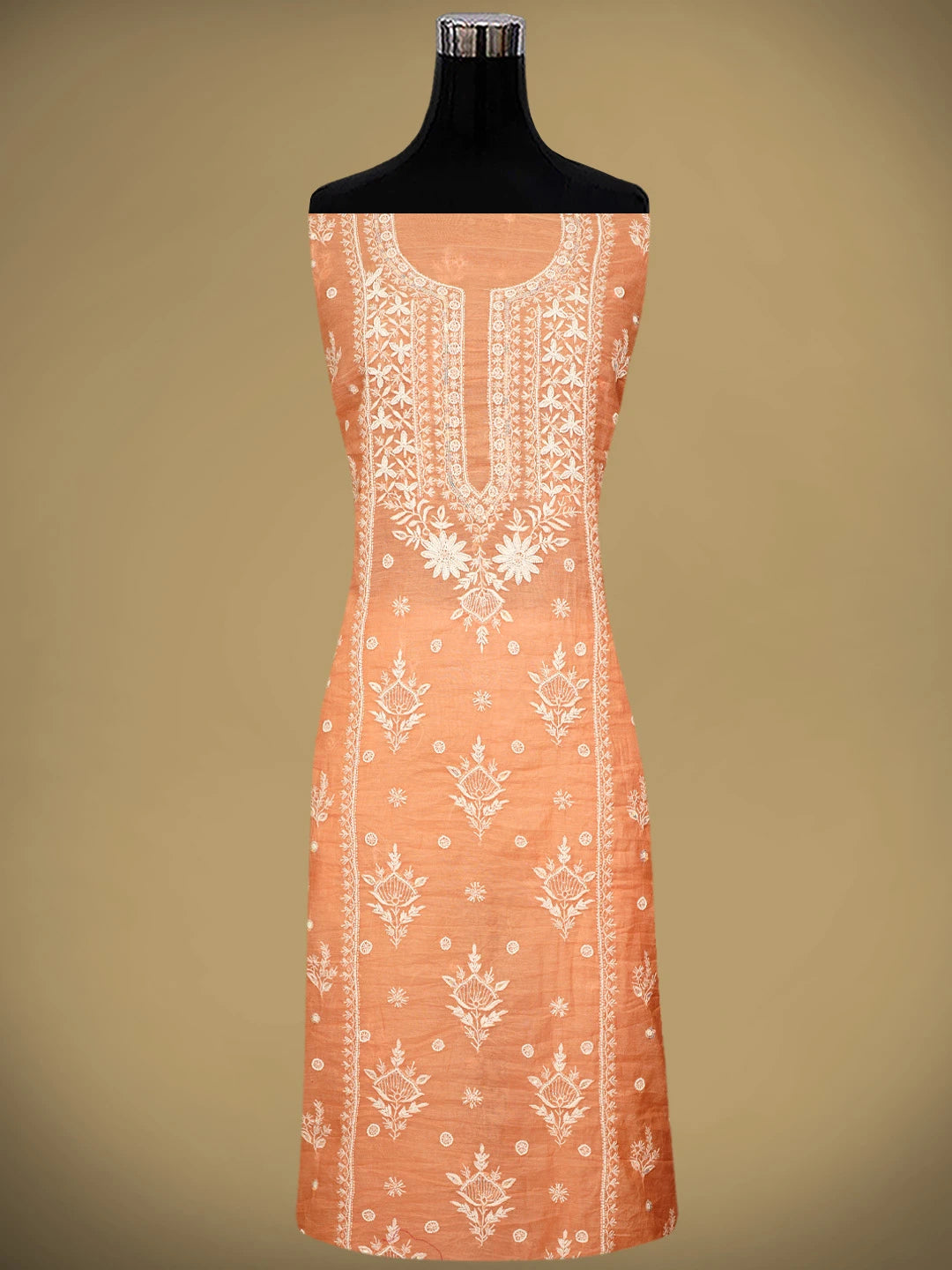 Ada Hand Embroidered Peach Chanderi Lucknowi Chikankari Unstitched Kurta Dupatta Set With Cutdana Work 01A959478
