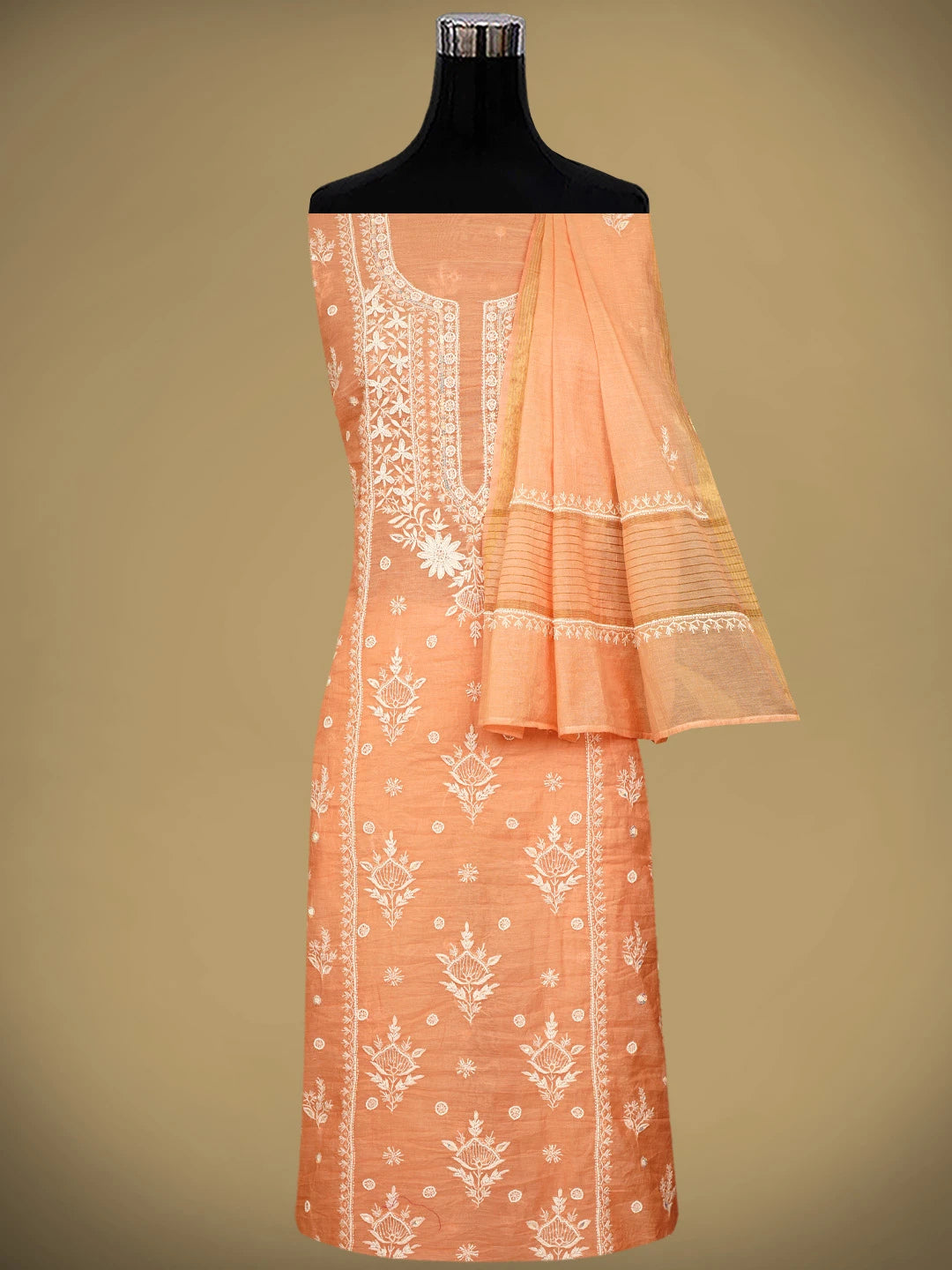 Ada Hand Embroidered Peach Chanderi Lucknowi Chikankari Unstitched Kurta Dupatta Set With Cutdana Work 01A959478
