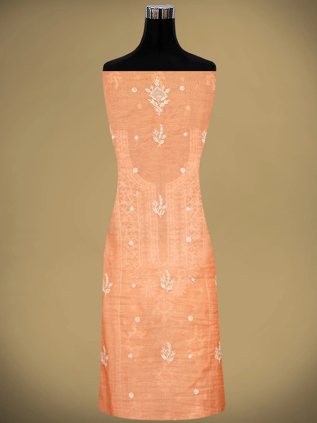 Ada Hand Embroidered Peach Chanderi Lucknowi Chikankari Unstitched Kurta Dupatta Set With Cutdana Work 01A959478