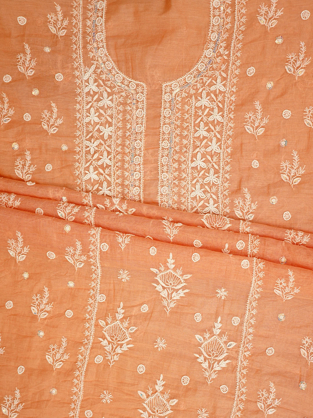 Ada Hand Embroidered Peach Chanderi Lucknowi Chikankari Unstitched Kurta Dupatta Set With Cutdana Work 01A959478
