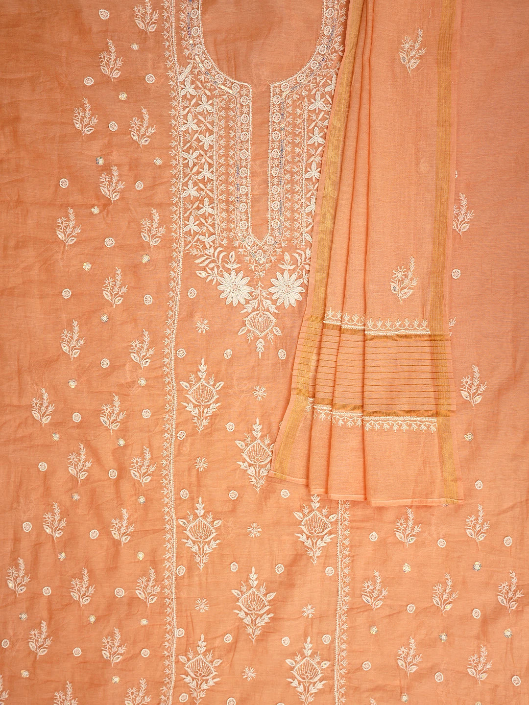 Ada Hand Embroidered Peach Chanderi Lucknowi Chikankari Unstitched Kurta Dupatta Set With Cutdana Work 01A959478