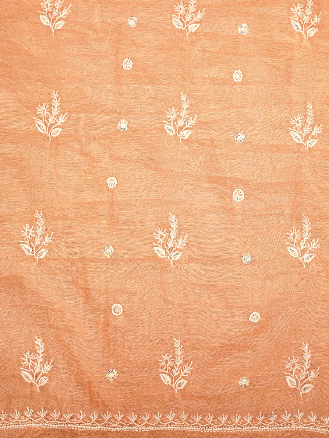 Ada Hand Embroidered Peach Chanderi Lucknowi Chikankari Unstitched Kurta Dupatta Set With Cutdana Work 01A959478