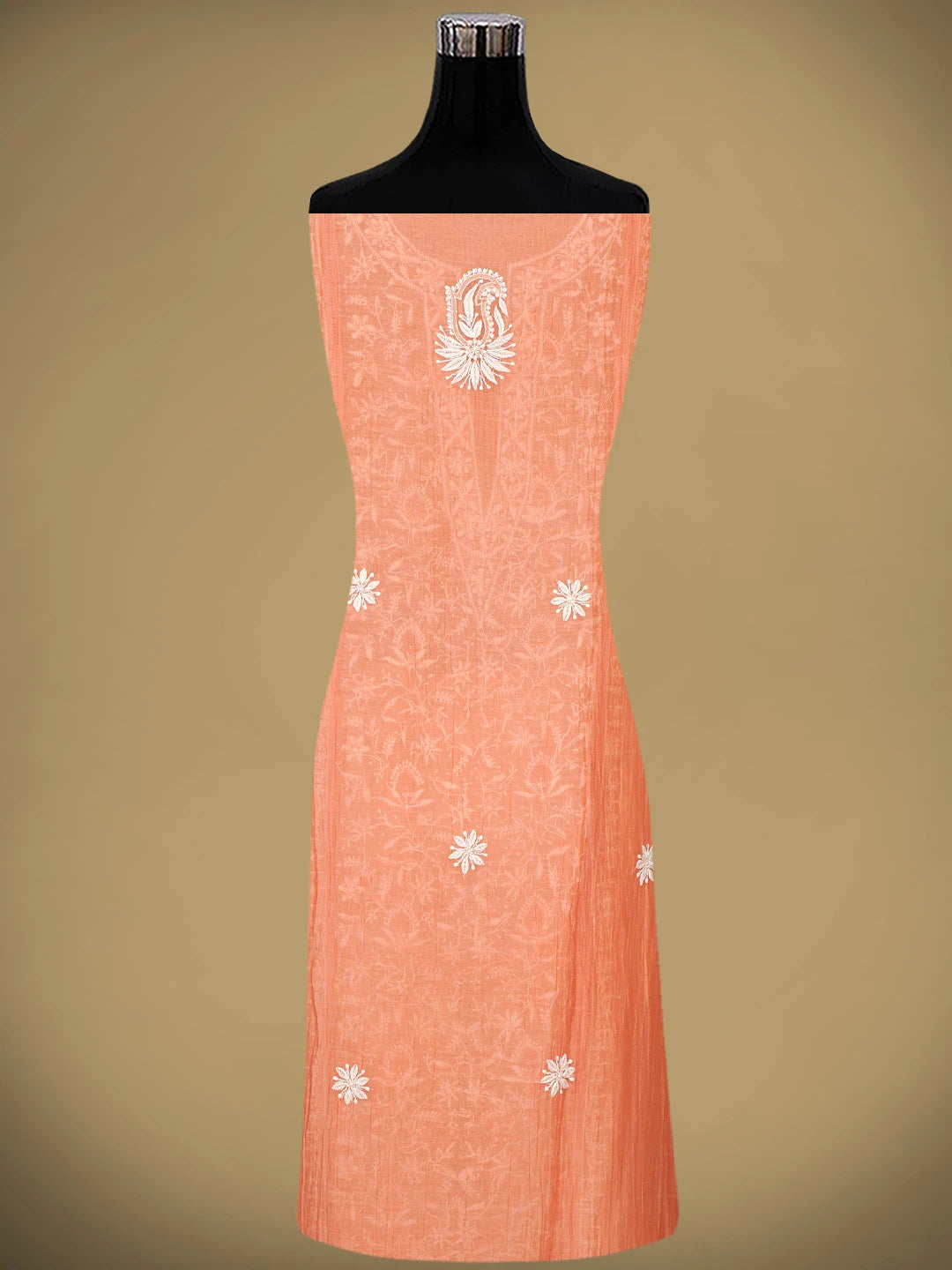 Ada Hand Embroidered Peach Orange Chanderi Lucknowi Chikankari Semi-stitched Kurta Dupatta Set With Cutdana Work 01A971918