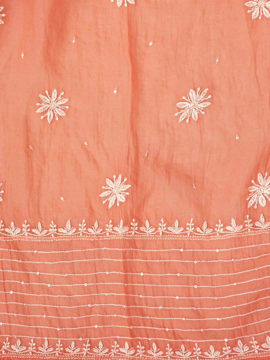 Ada Hand Embroidered Peach Orange Chanderi Lucknowi Chikankari Semi-stitched Kurta Dupatta Set With Cutdana Work 01A971918