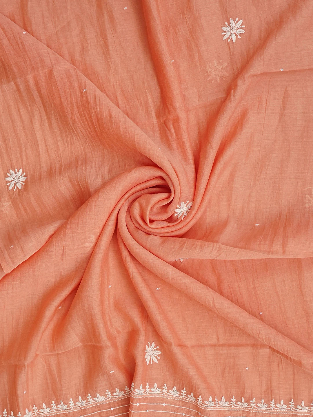 Ada Hand Embroidered Peach Orange Chanderi Lucknowi Chikankari Semi-stitched Kurta Dupatta Set With Cutdana Work 01A971918