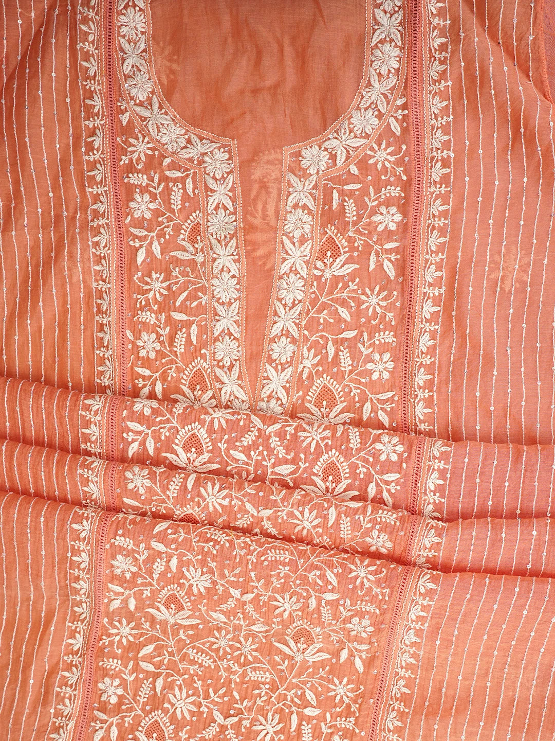 Ada Hand Embroidered Peach Orange Chanderi Lucknowi Chikankari Semi-stitched Kurta Dupatta Set With Cutdana Work 01A971918