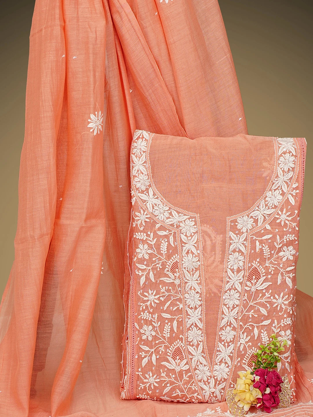Ada Hand Embroidered Peach Orange Chanderi Lucknowi Chikankari Semi-stitched Kurta Dupatta Set With Cutdana Work 01A971918
