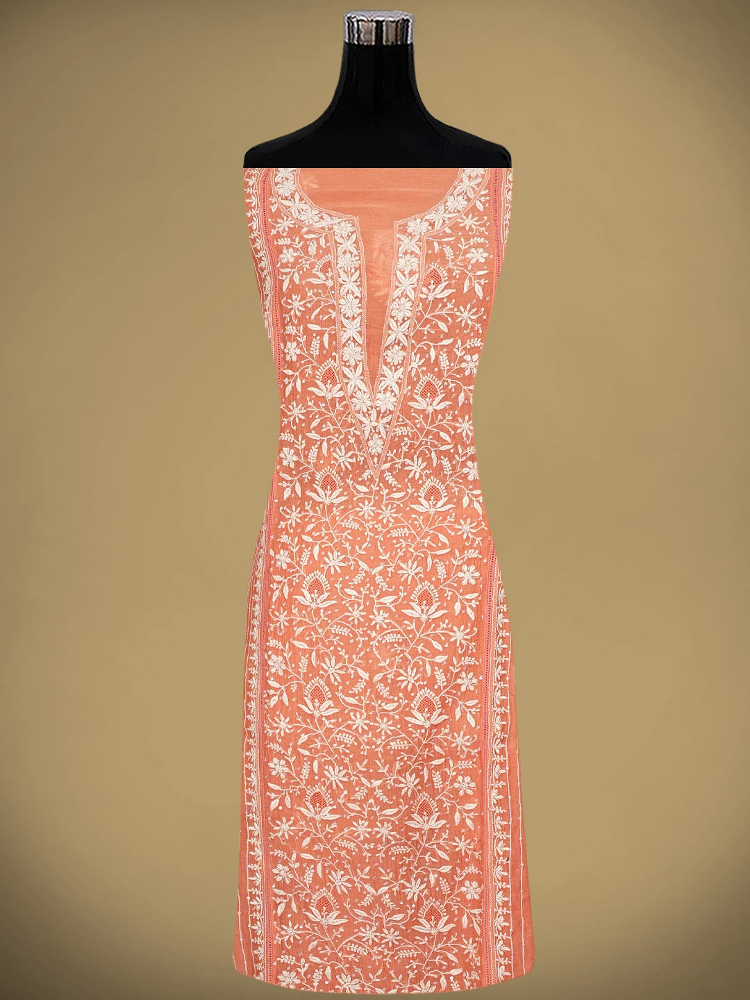 Ada Hand Embroidered Peach Orange Chanderi Lucknowi Chikankari Semi-stitched Kurta Dupatta Set With Cutdana Work 01A971918