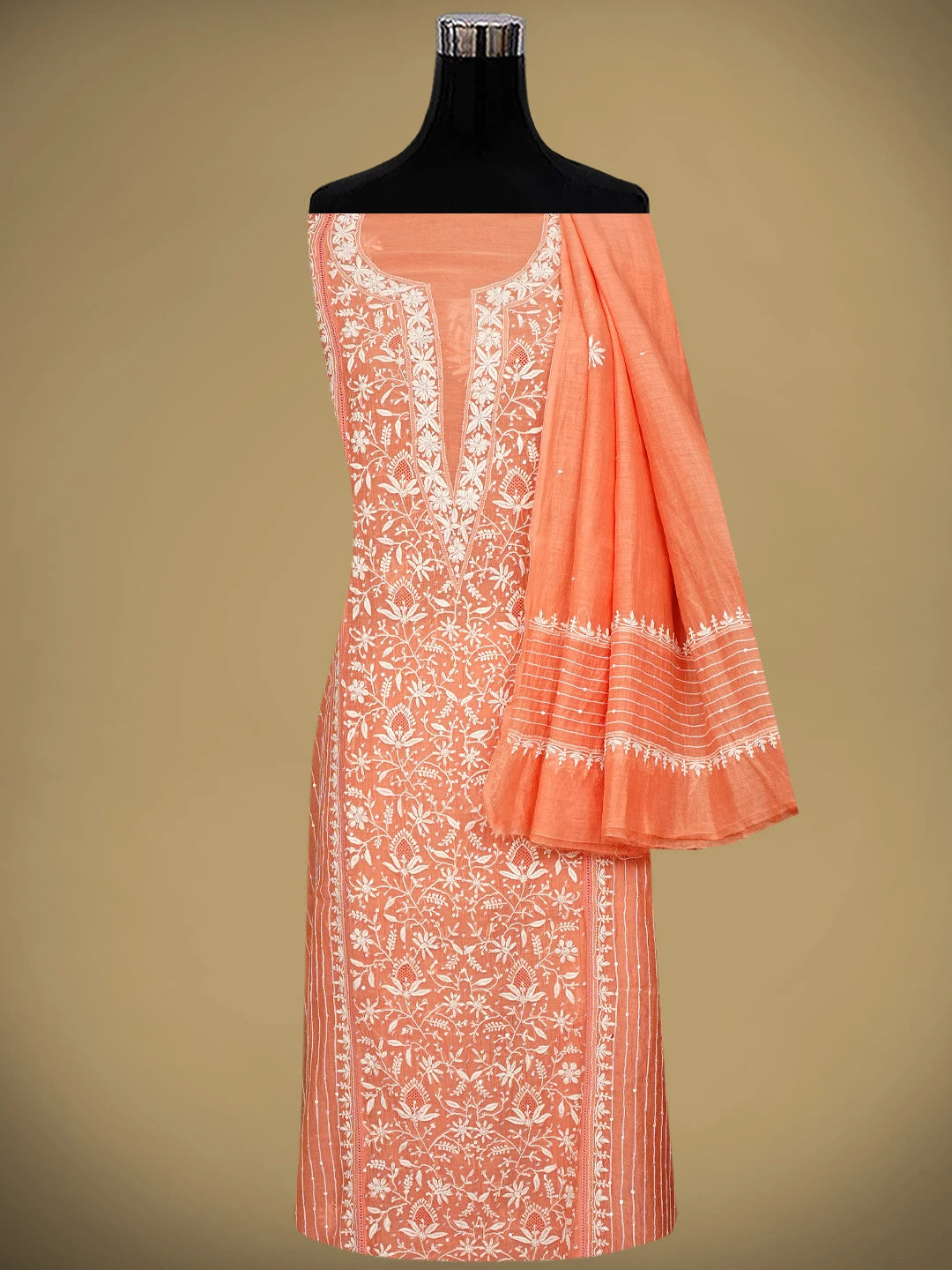 Ada Hand Embroidered Peach Orange Chanderi Lucknowi Chikankari Semi-stitched Kurta Dupatta Set With Cutdana Work 01A971918