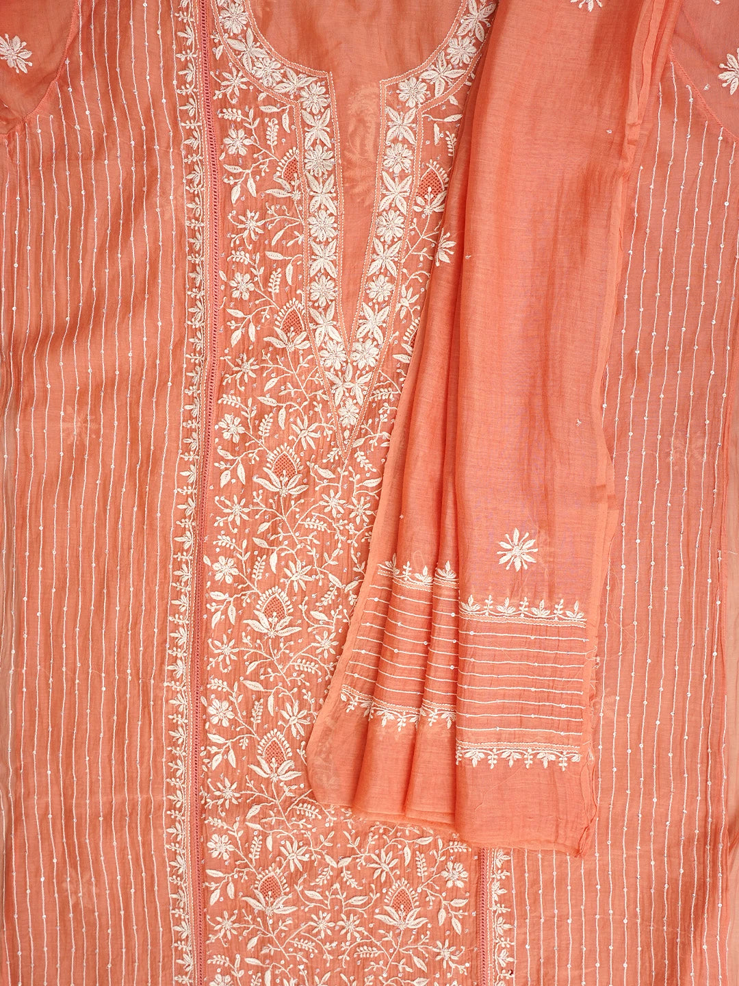 Ada Hand Embroidered Peach Orange Chanderi Lucknowi Chikankari Semi-stitched Kurta Dupatta Set With Cutdana Work 01A971918