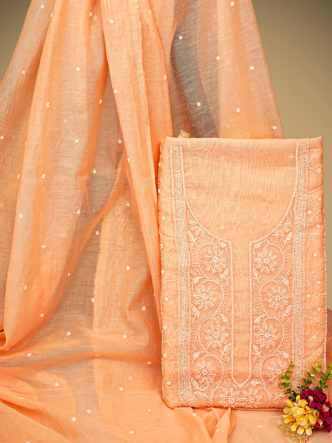 Ada Hand Embroidered Peach Chanderi Lucknowi Chikankari Unstitched Kurta Dupatta Set With Pearl Work 01A911043