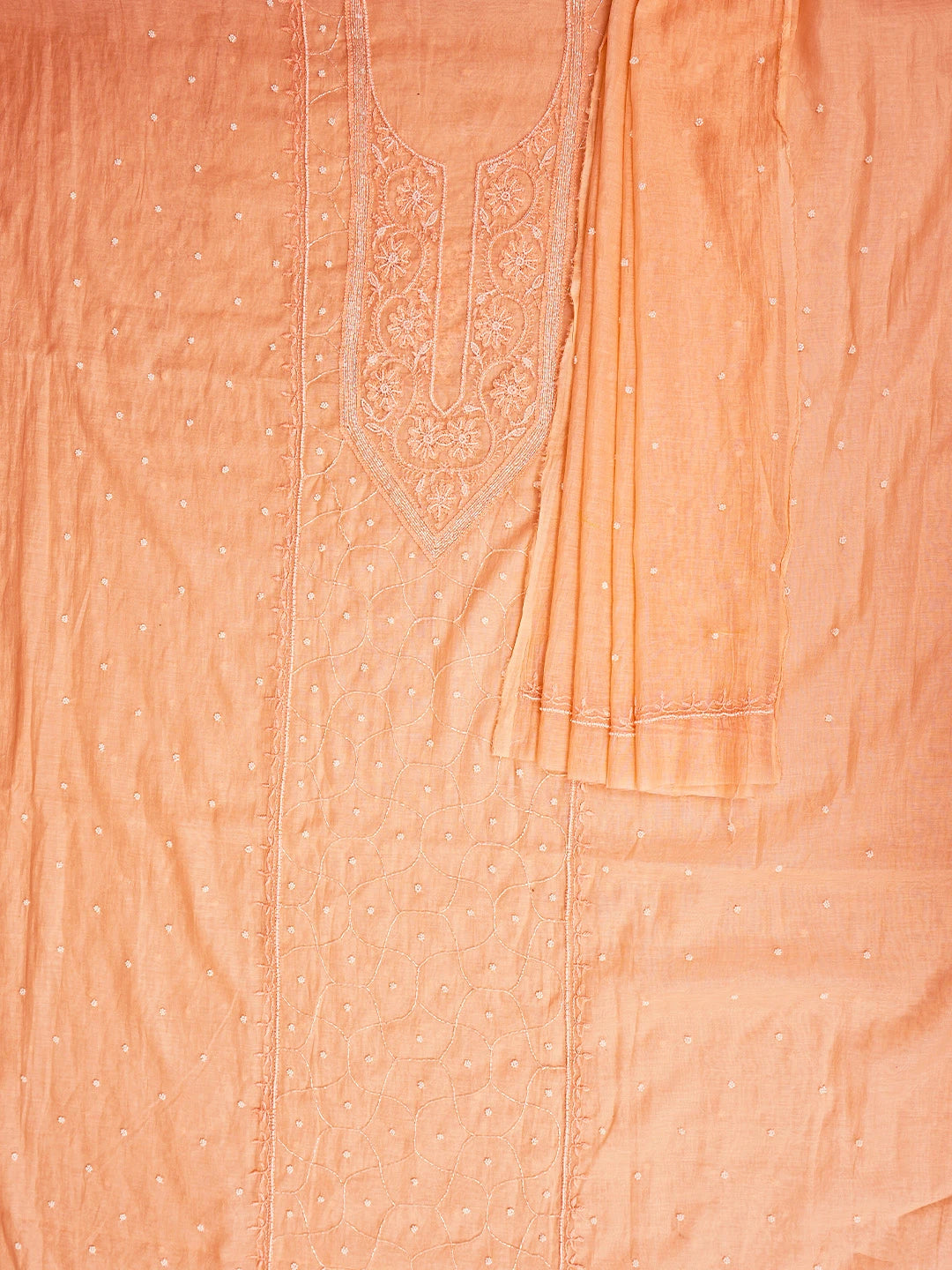 Ada Hand Embroidered Peach Chanderi Lucknowi Chikankari Unstitched Kurta Dupatta Set With Pearl Work 01A911043