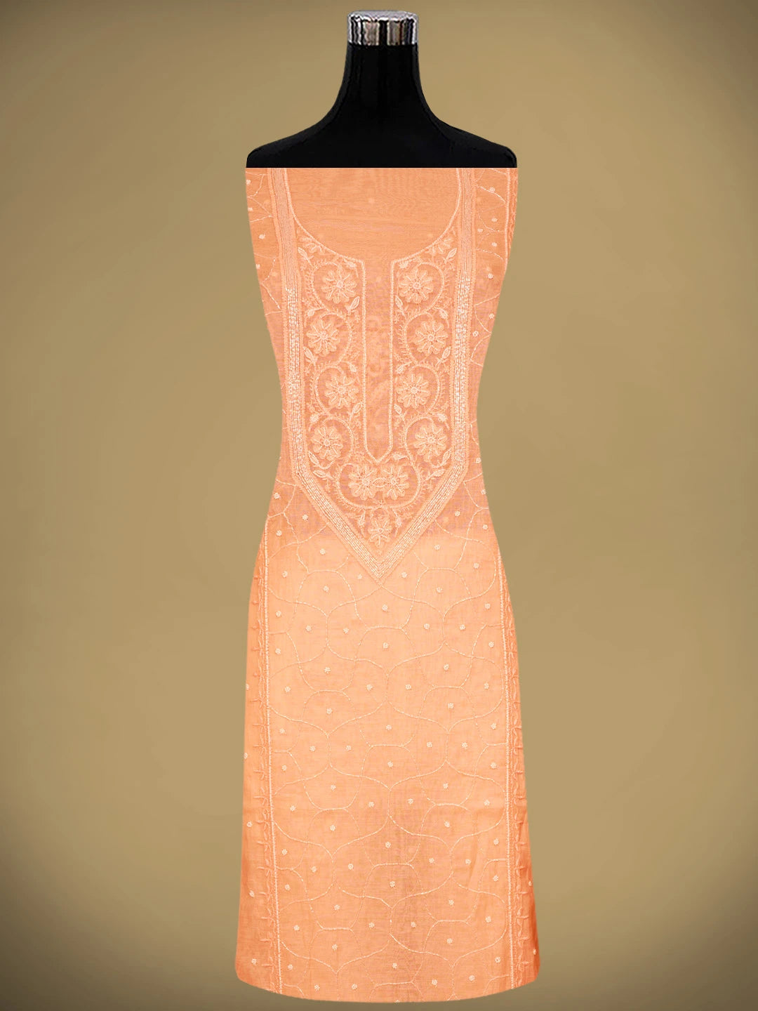 Ada Hand Embroidered Peach Chanderi Lucknowi Chikankari Unstitched Kurta Dupatta Set With Pearl Work 01A911043
