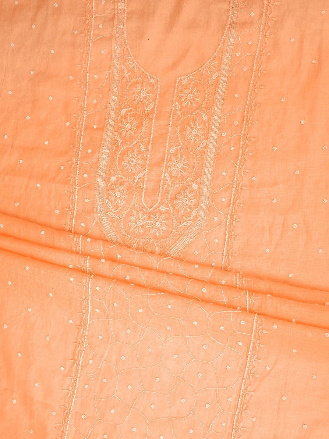 Ada Hand Embroidered Peach Chanderi Lucknowi Chikankari Unstitched Kurta Dupatta Set With Pearl Work 01A911043