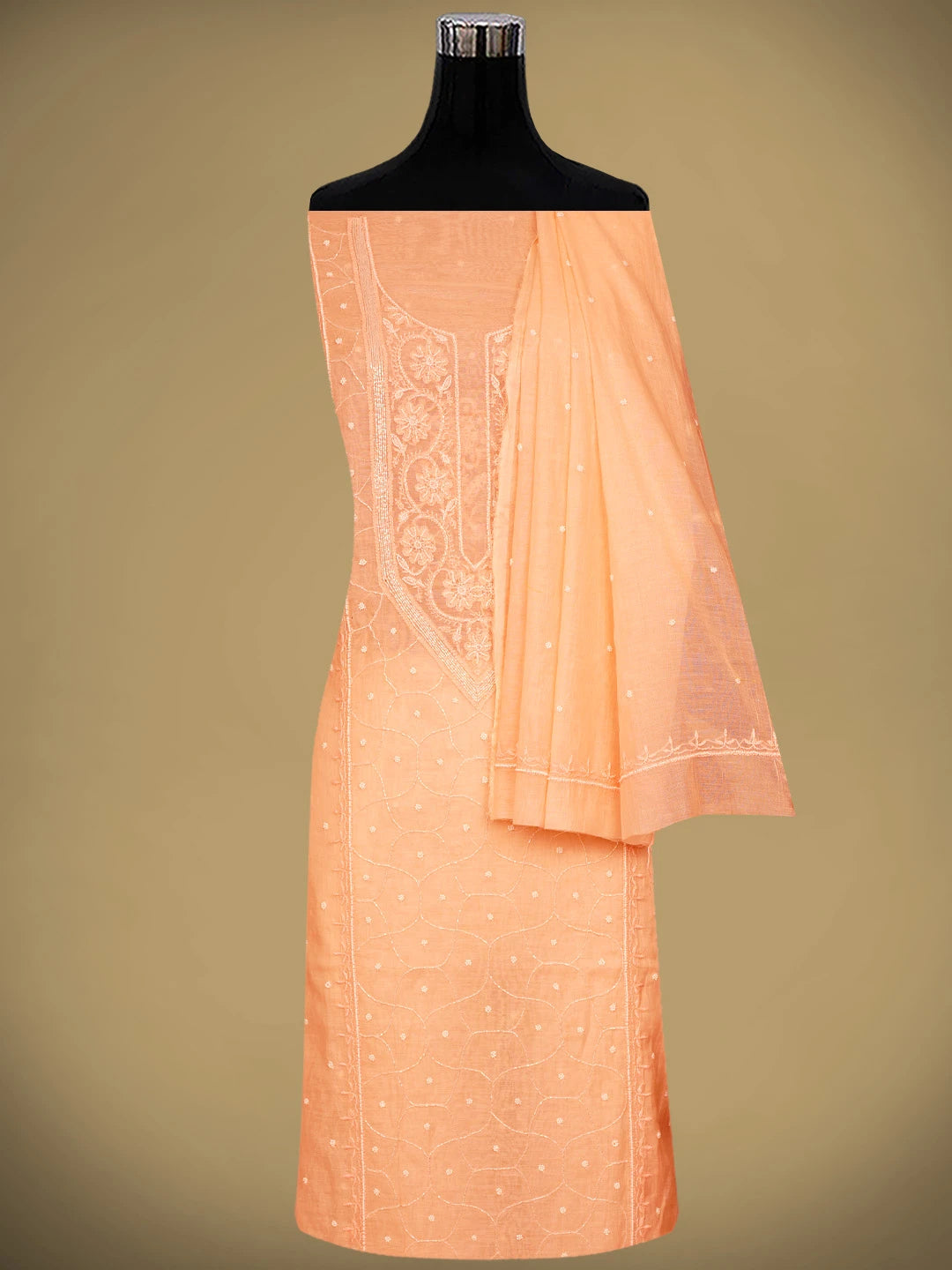 Ada Hand Embroidered Peach Chanderi Lucknowi Chikankari Unstitched Kurta Dupatta Set With Pearl Work 01A911043