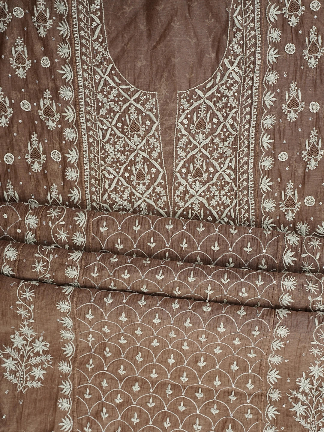 Ada Hand Embroidered Toffee Brown Chanderi Lucknowi Chikankari Semi-Stitched Anarkali Kurta Dupatta Set With Cutdana Work 01A971901