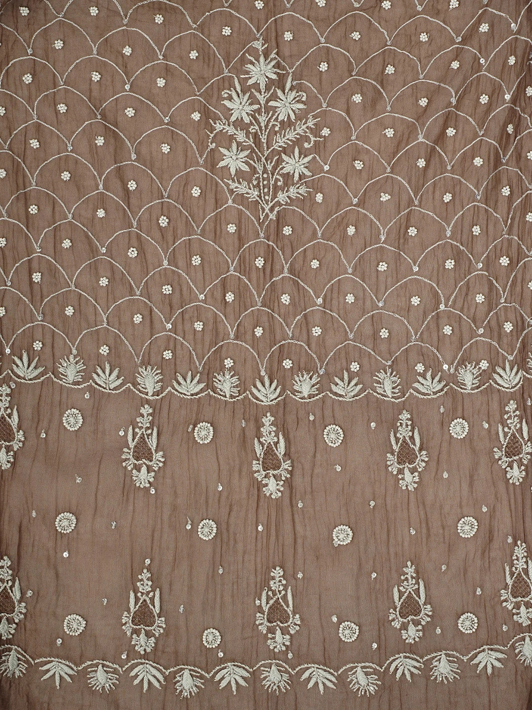 Ada Hand Embroidered Toffee Brown Chanderi Lucknowi Chikankari Semi-Stitched Anarkali Kurta Dupatta Set With Cutdana Work 01A971901