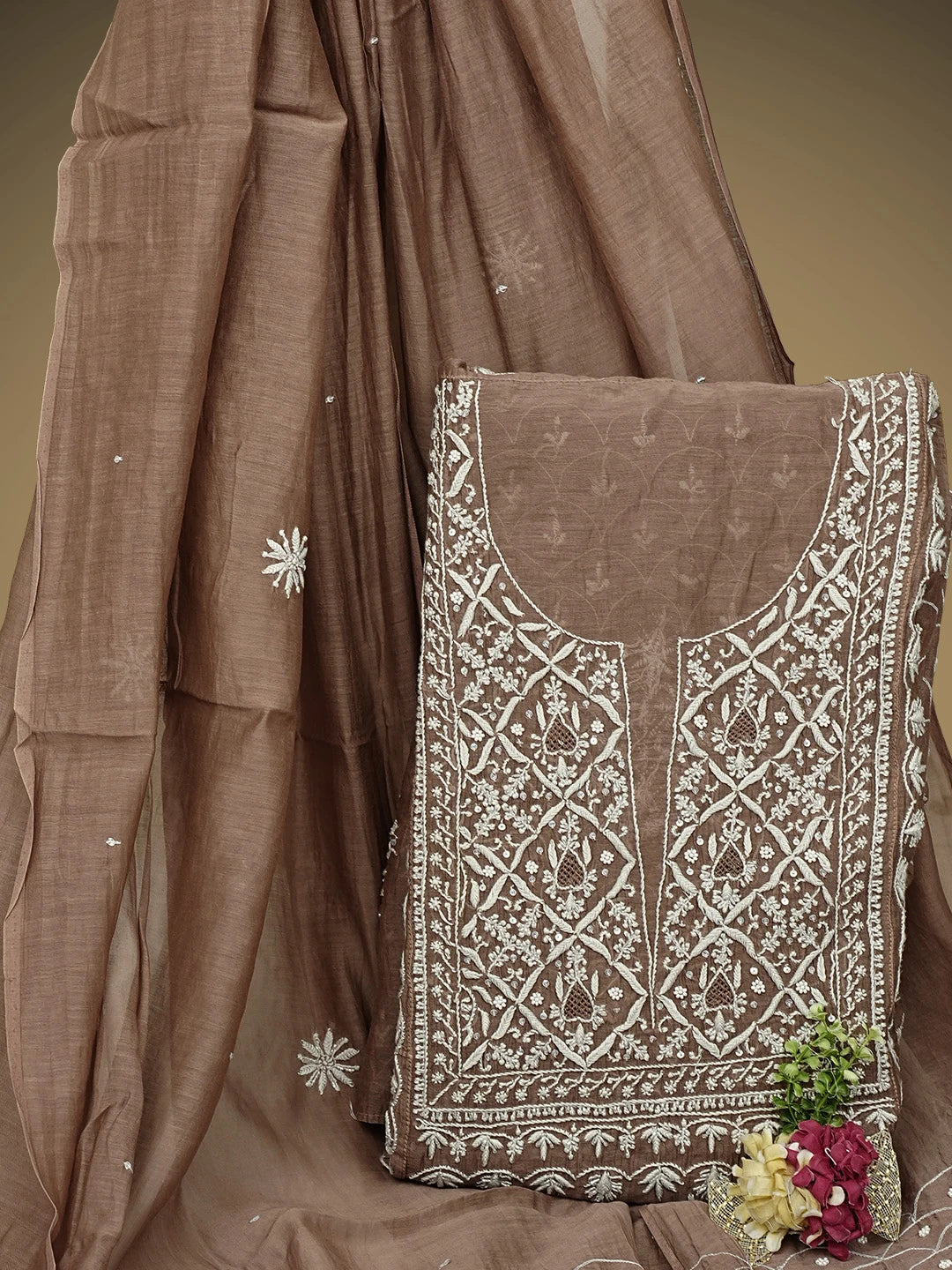 Ada Hand Embroidered Toffee Brown Chanderi Lucknowi Chikankari Semi-Stitched Anarkali Kurta Dupatta Set With Cutdana Work 01A971901