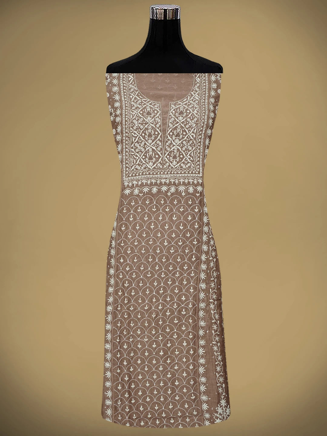 Ada Hand Embroidered Toffee Brown Chanderi Lucknowi Chikankari Semi-Stitched Anarkali Kurta Dupatta Set With Cutdana Work 01A971901