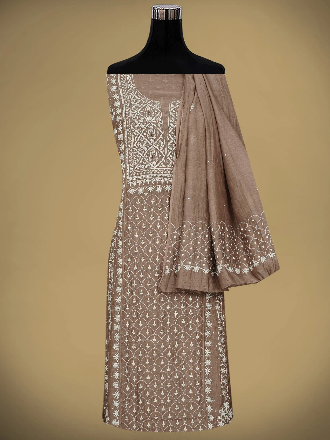 Ada Hand Embroidered Toffee Brown Chanderi Lucknowi Chikankari Semi-Stitched Anarkali Kurta Dupatta Set With Cutdana Work 01A971901