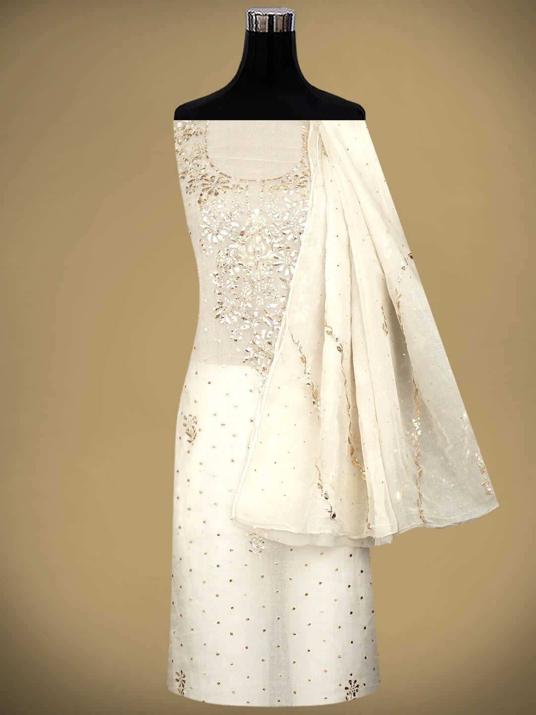 Ada Hand Embroidered Off-White Organza Unstitched Kurta Dupatta Set With Mukaish/Muqaish Work 01A937655