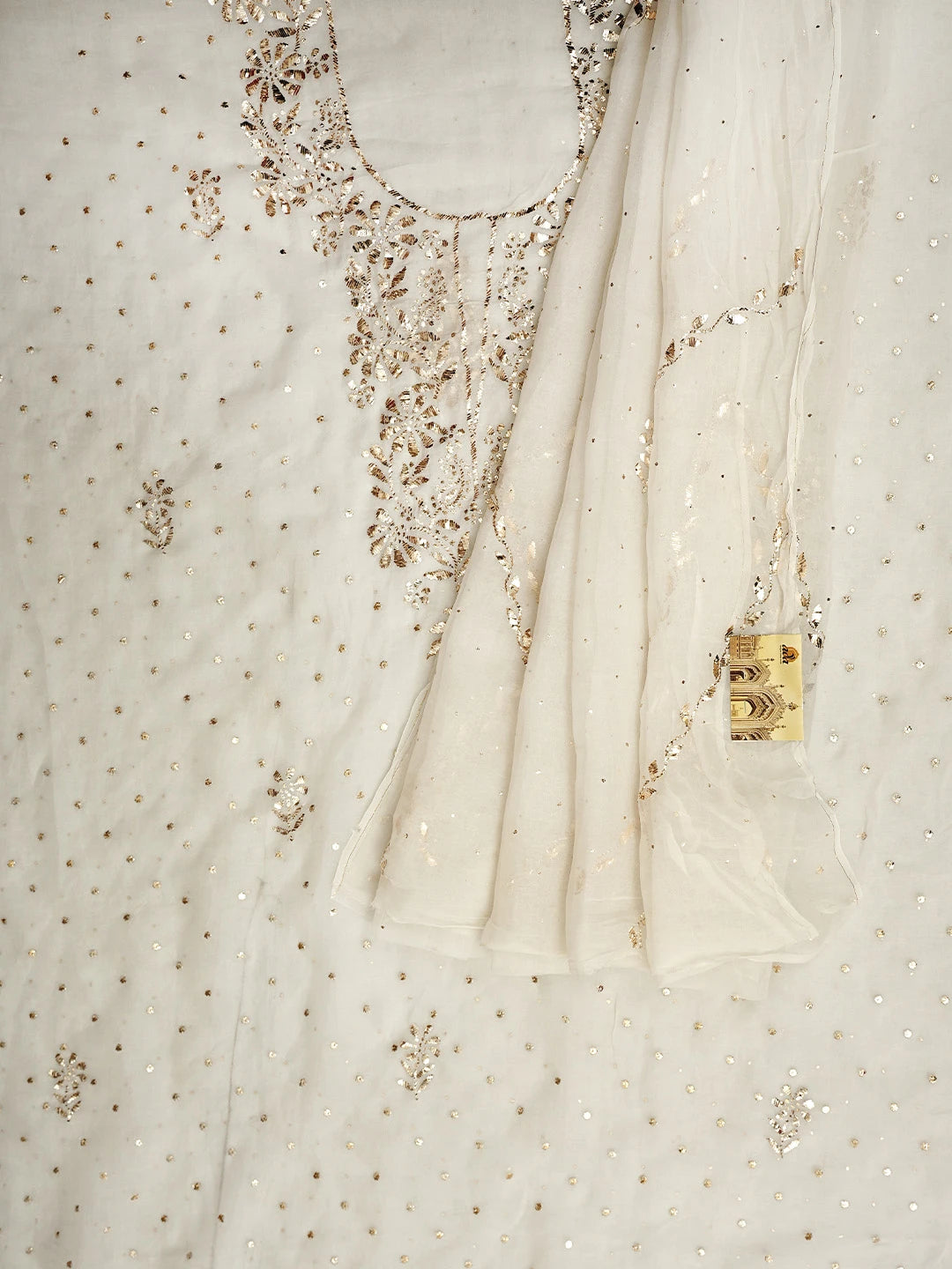 Ada Hand Embroidered Off-White Organza Unstitched Kurta Dupatta Set With Mukaish/Muqaish Work 01A937655