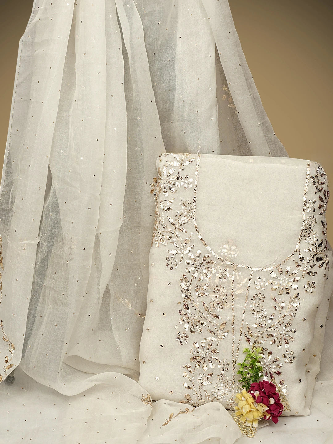 Ada Hand Embroidered Off-White Organza Unstitched Kurta Dupatta Set With Mukaish/Muqaish Work 01A937655