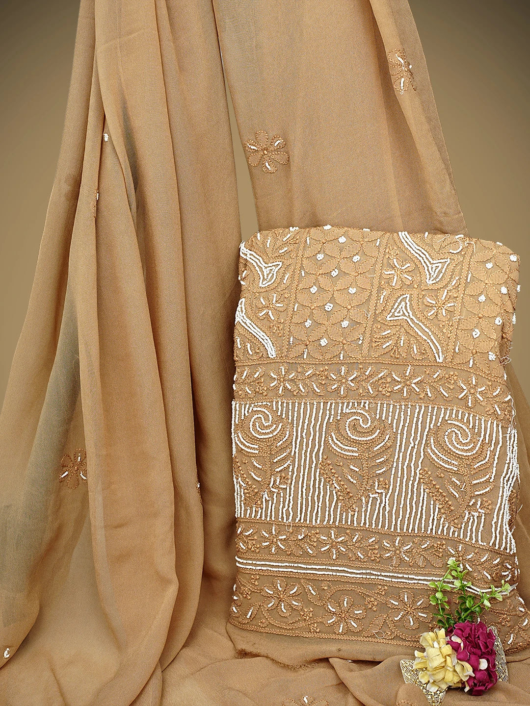 Ada Hand Embroidered Camel Brown Viscose Georgette Lucknowi Chikankari Unstitched Kurta Dupatta Set With Cutdana Work 01A731306