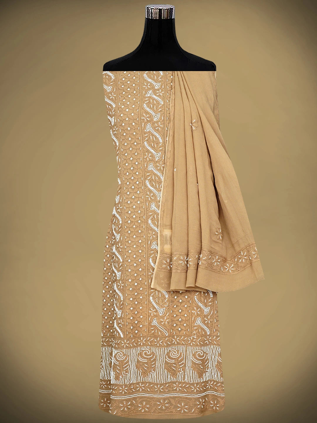 Ada Hand Embroidered Camel Brown Viscose Georgette Lucknowi Chikankari Unstitched Kurta Dupatta Set With Cutdana Work 01A731306