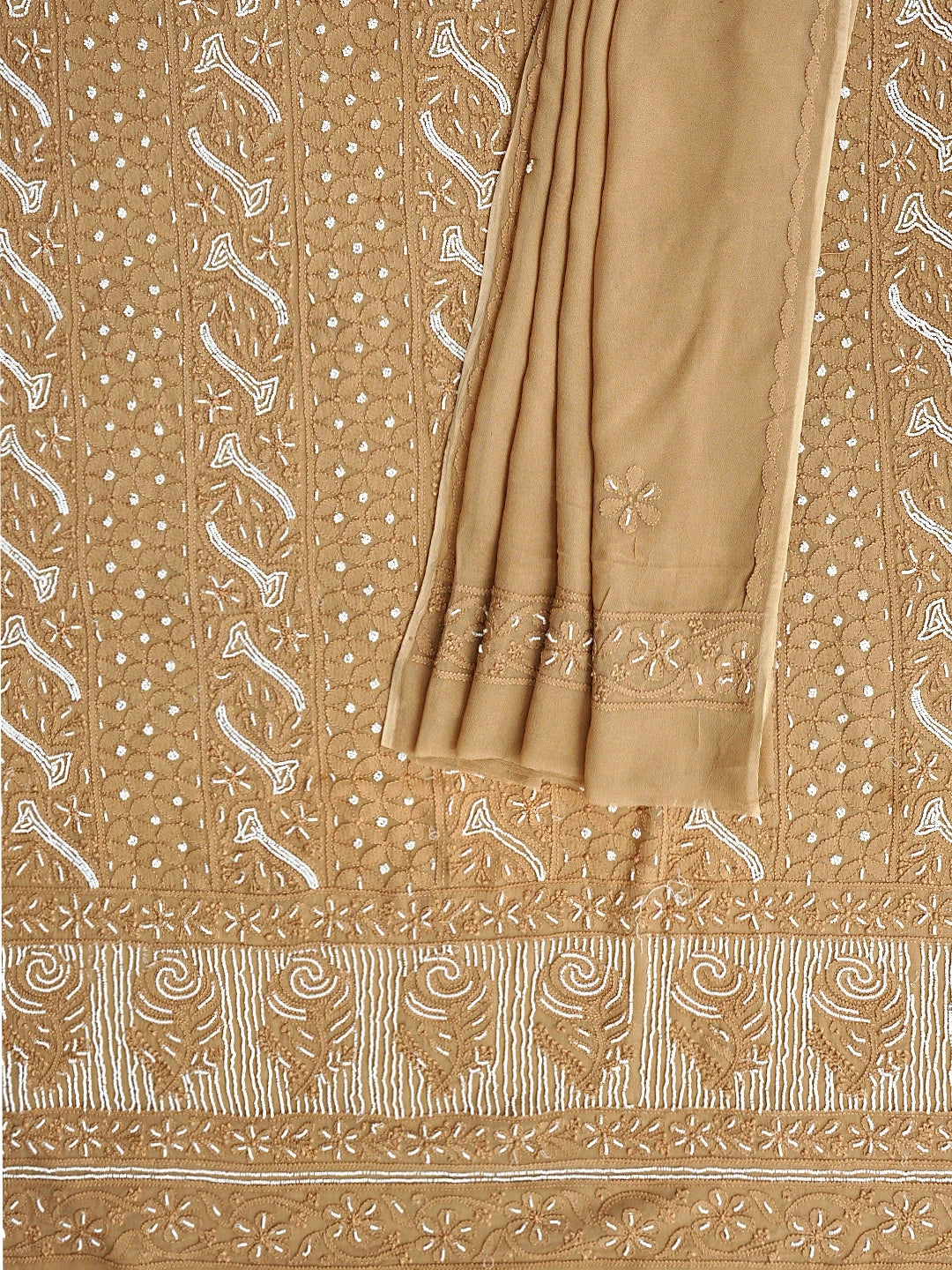Ada Hand Embroidered Camel Brown Viscose Georgette Lucknowi Chikankari Unstitched Kurta Dupatta Set With Cutdana Work 01A731306