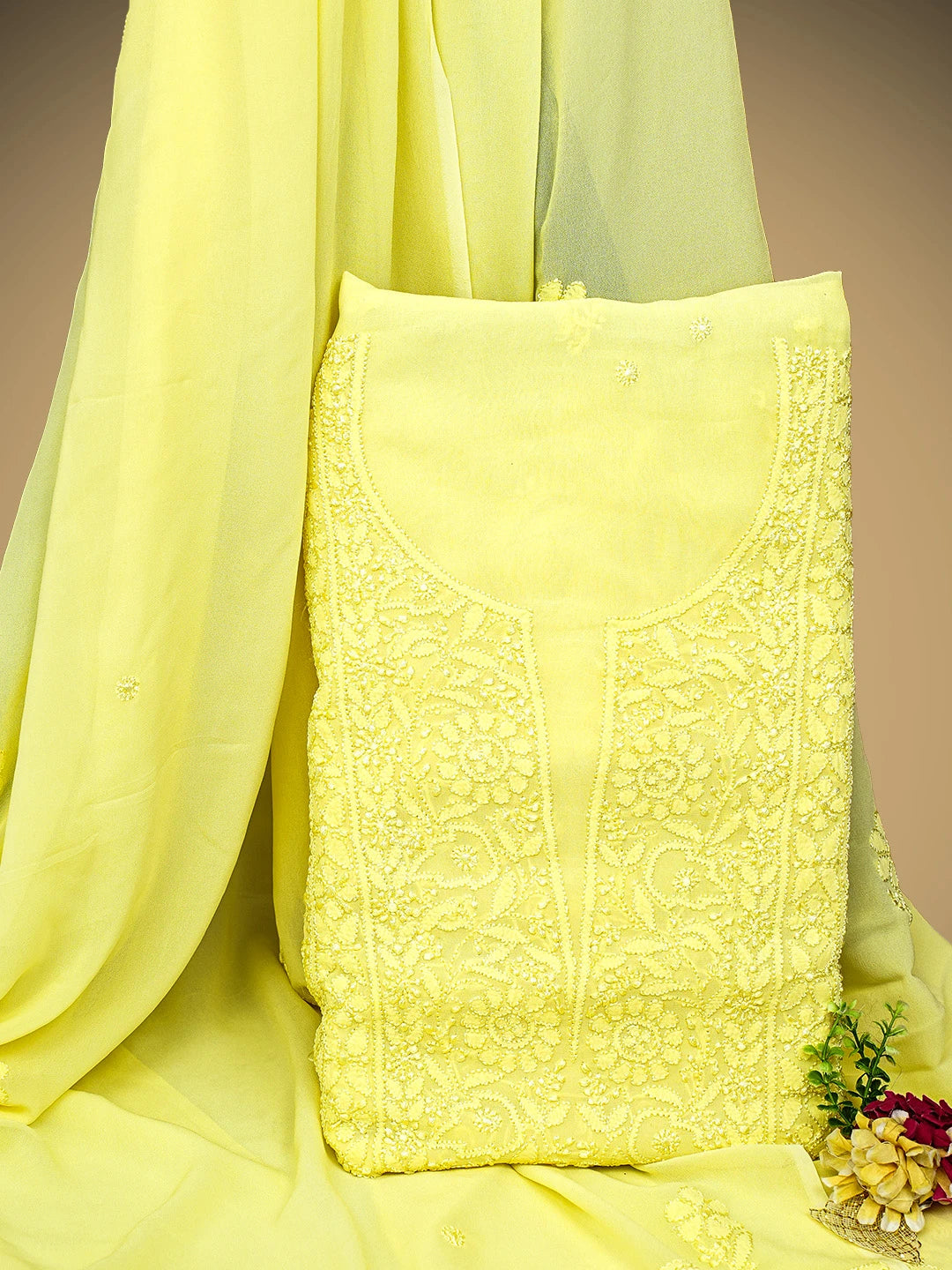 Ada Hand Embroidered Yellow Viscose Georgette Lucknowi Chikankari Unstitched Kurta Dupatta Set 01A962635