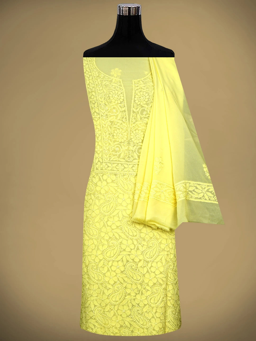 Ada Hand Embroidered Yellow Viscose Georgette Lucknowi Chikankari Unstitched Kurta Dupatta Set 01A962635