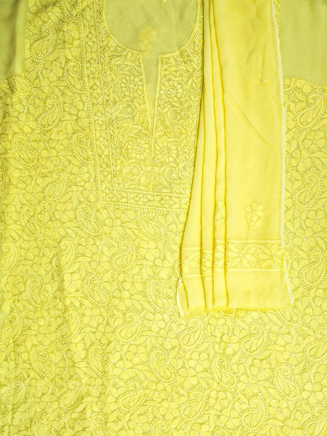 Ada Hand Embroidered Yellow Viscose Georgette Lucknowi Chikankari Unstitched Kurta Dupatta Set 01A962635